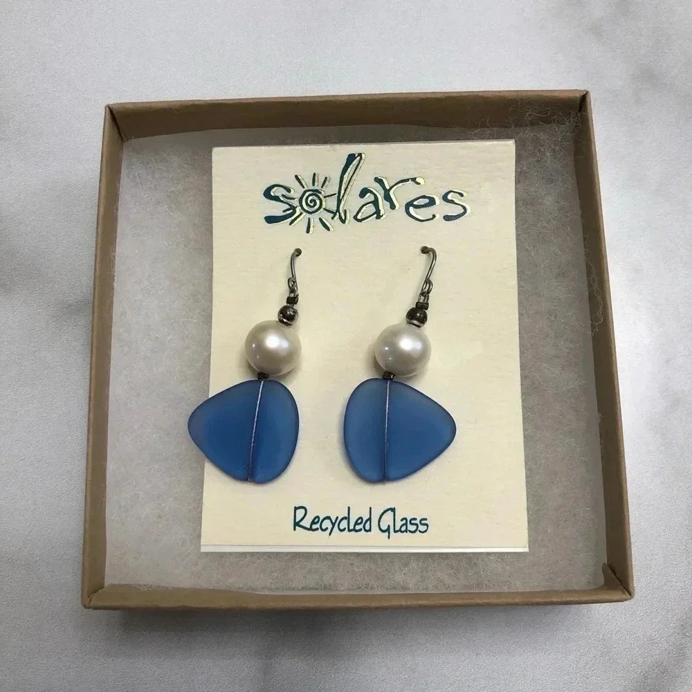 Women’s Blue Beach Glass and Pearl‎ Recycled Beach Glass Earrings NEW